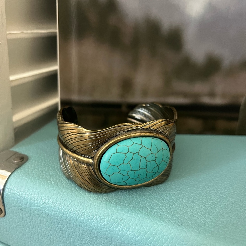 Faux Turquoise Stone Brass Cuff Bracelet